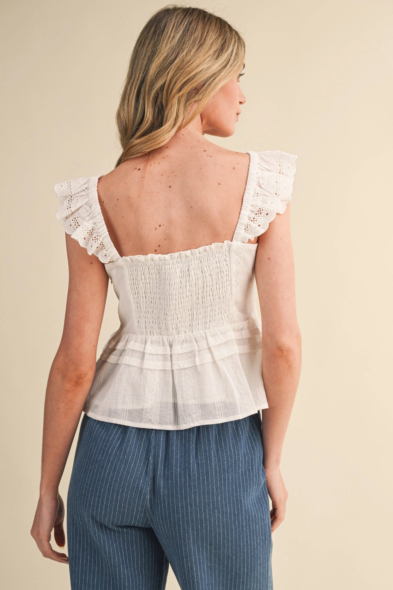 Eyelet flutter sleeve peplum