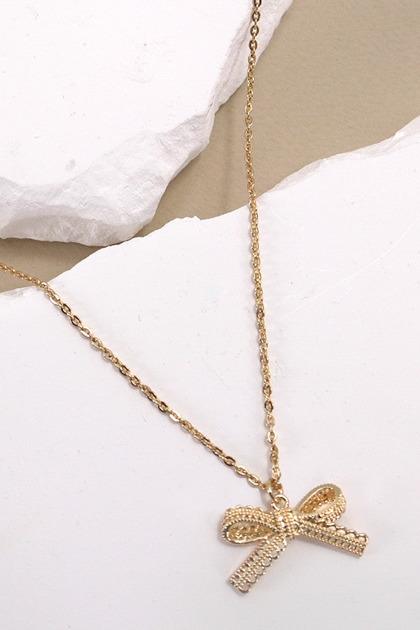 Gold Textured Bow Necklace