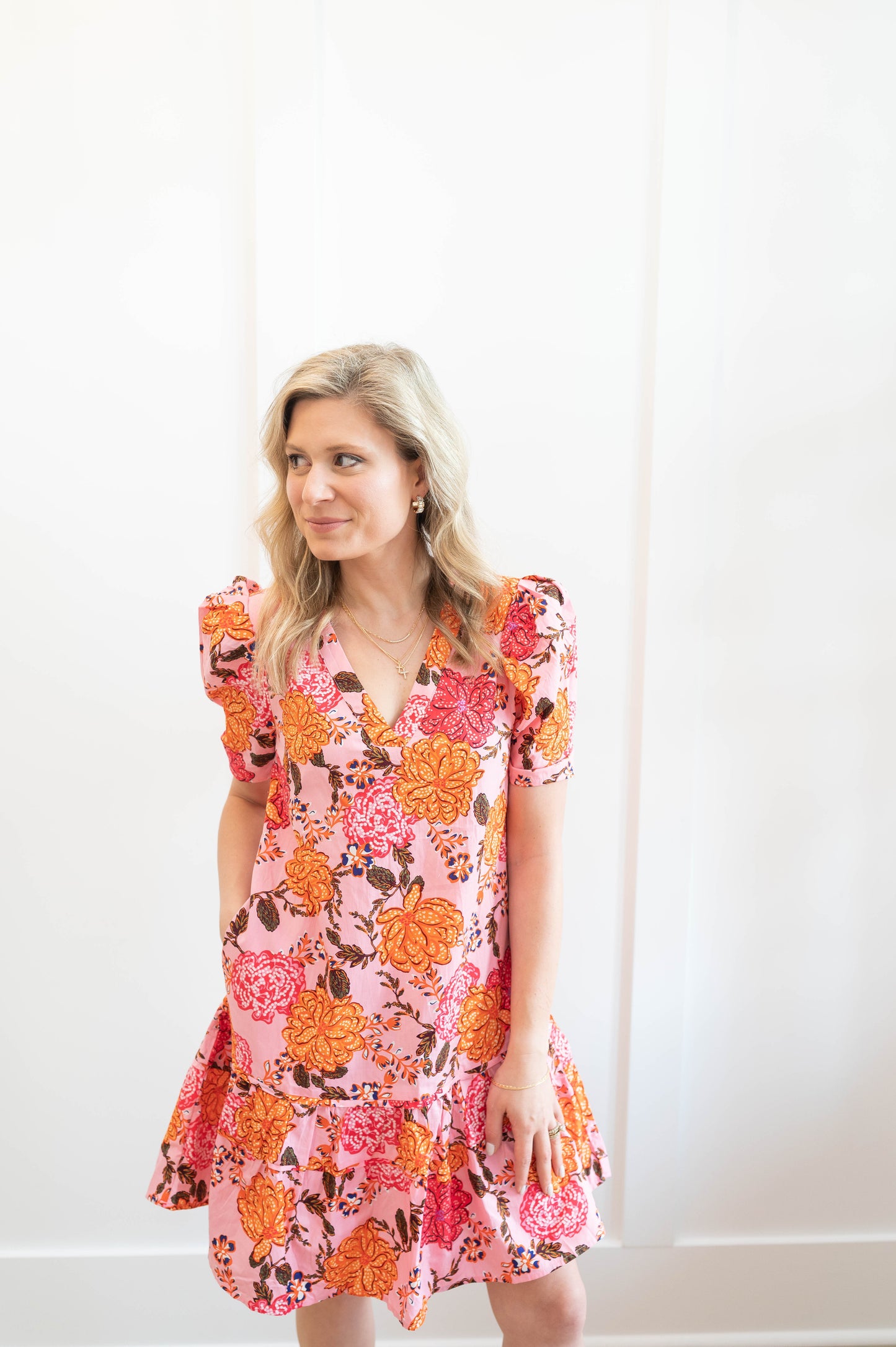 Floral Bubble Sleeve Ruffle Dress