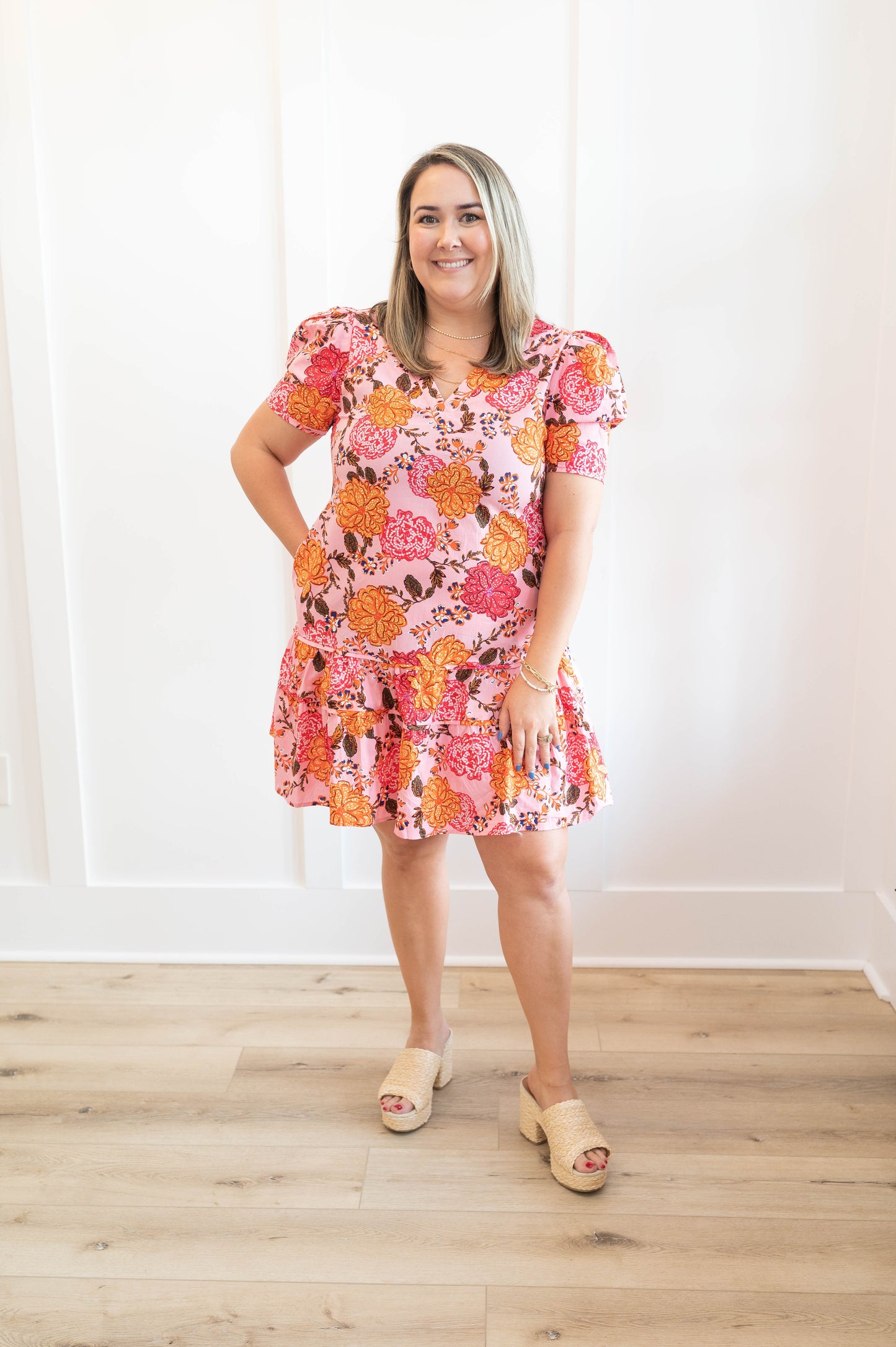 Floral Bubble Sleeve Ruffle Dress