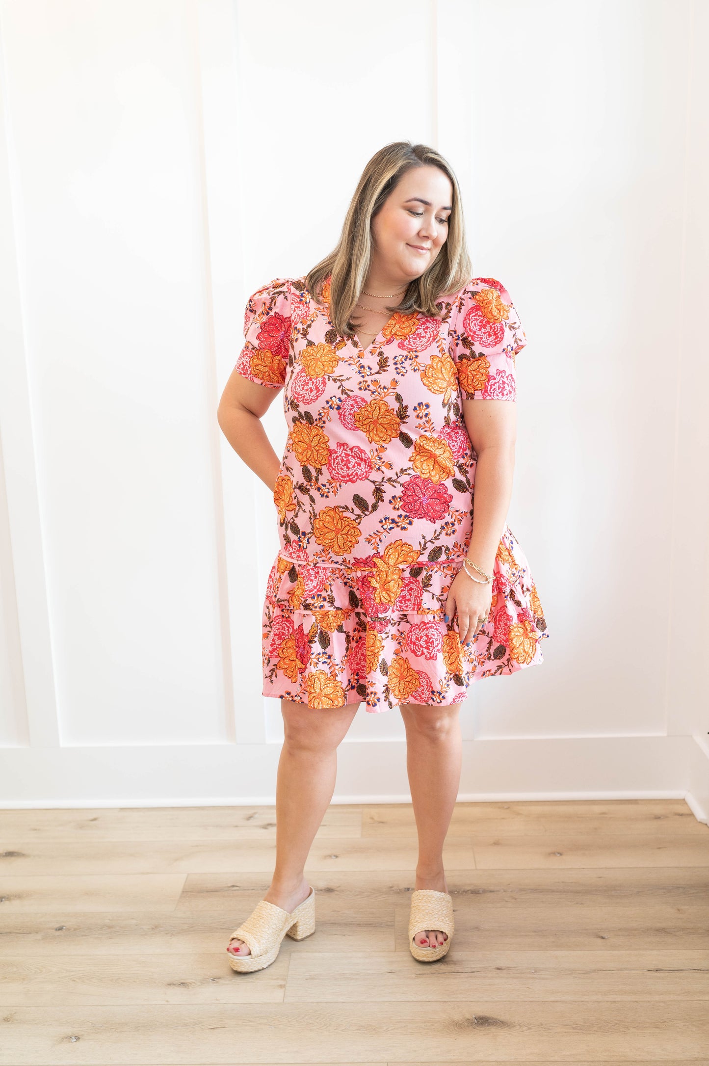 Floral Bubble Sleeve Ruffle Dress