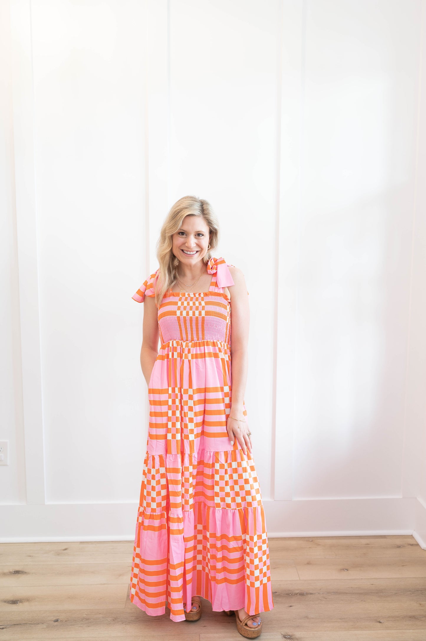 Gingham Smocked Tie Strap Maxi Dress