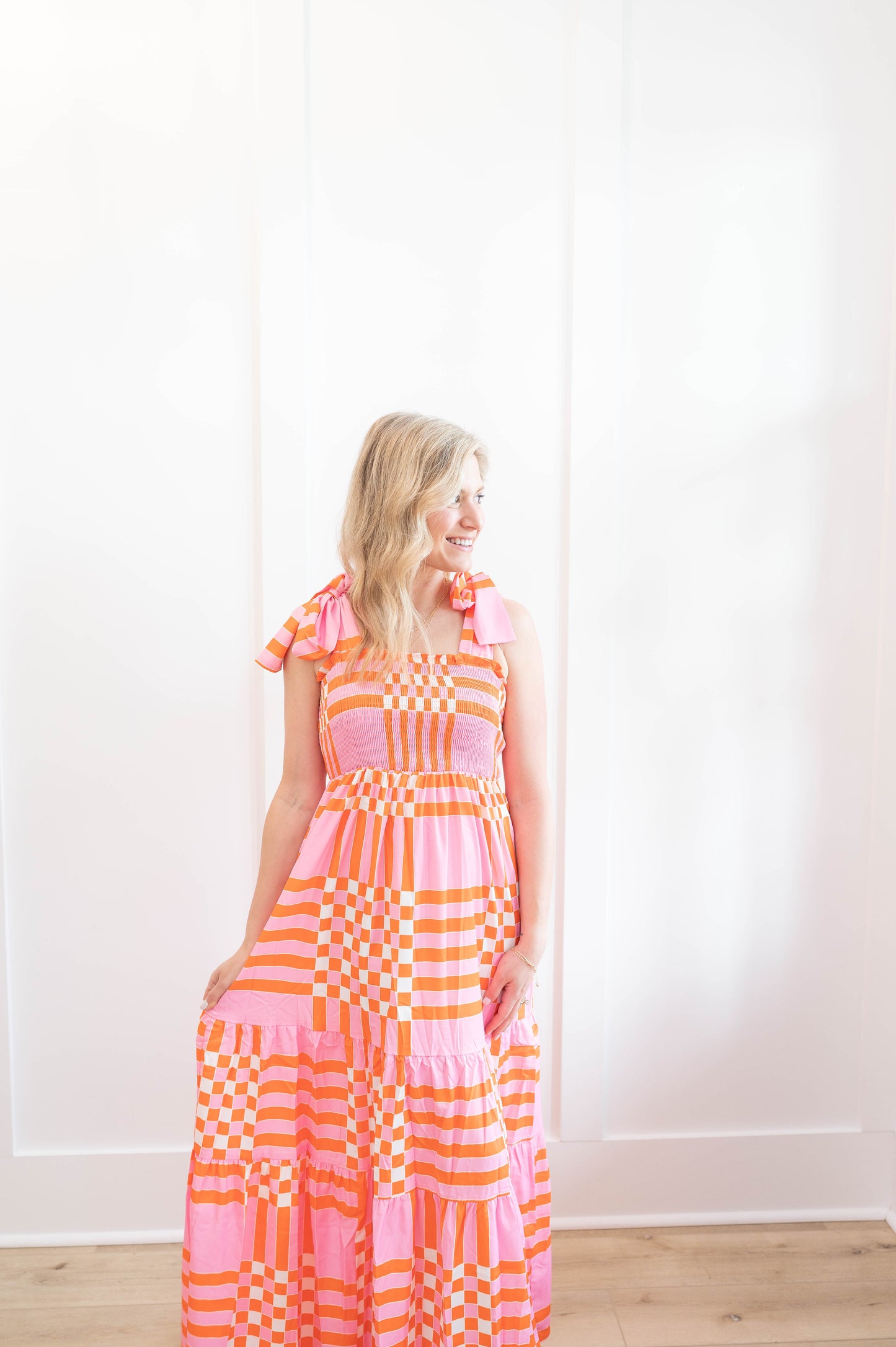 Gingham Smocked Tie Strap Maxi Dress