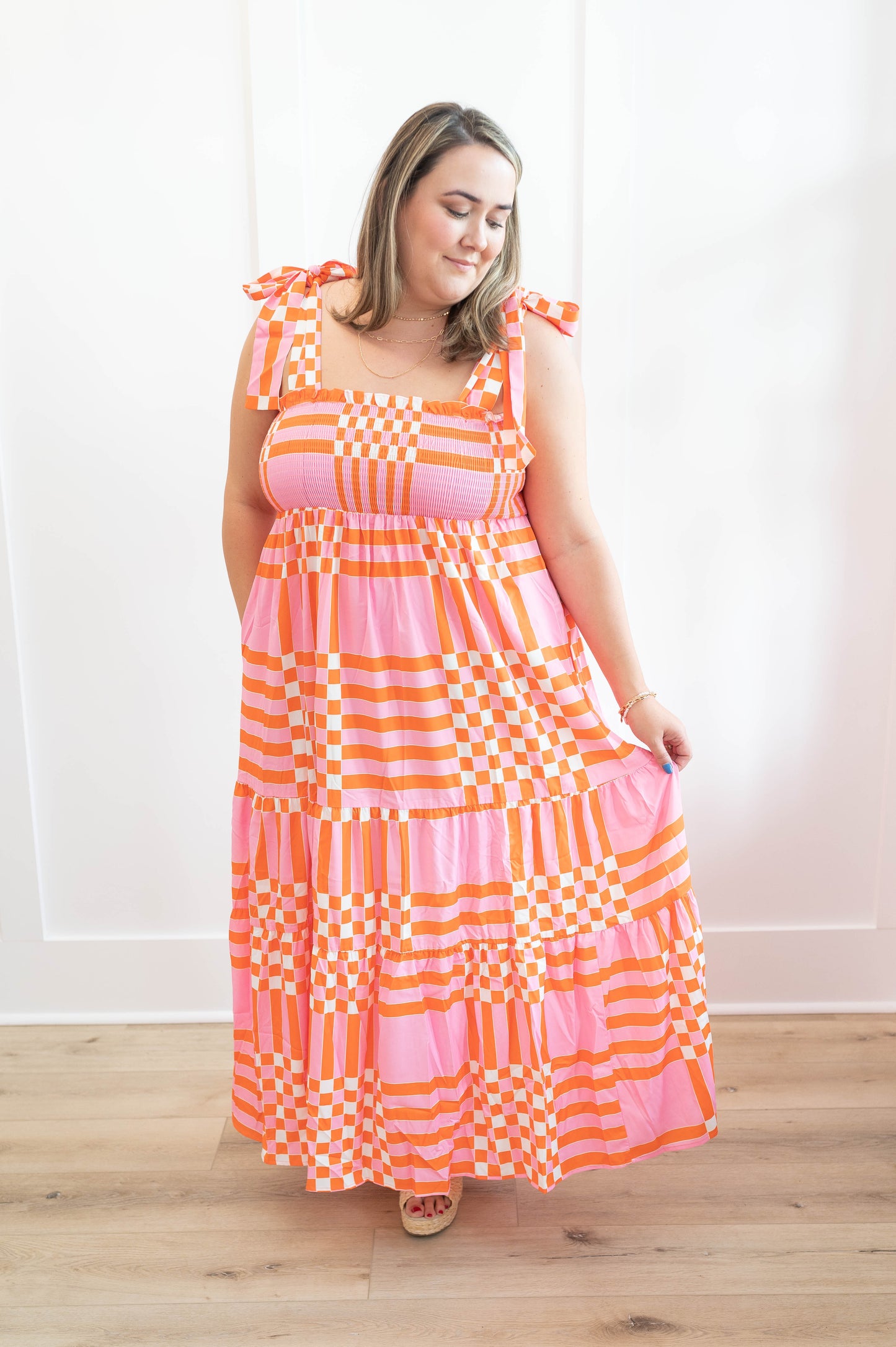 Gingham Smocked Tie Strap Maxi Dress