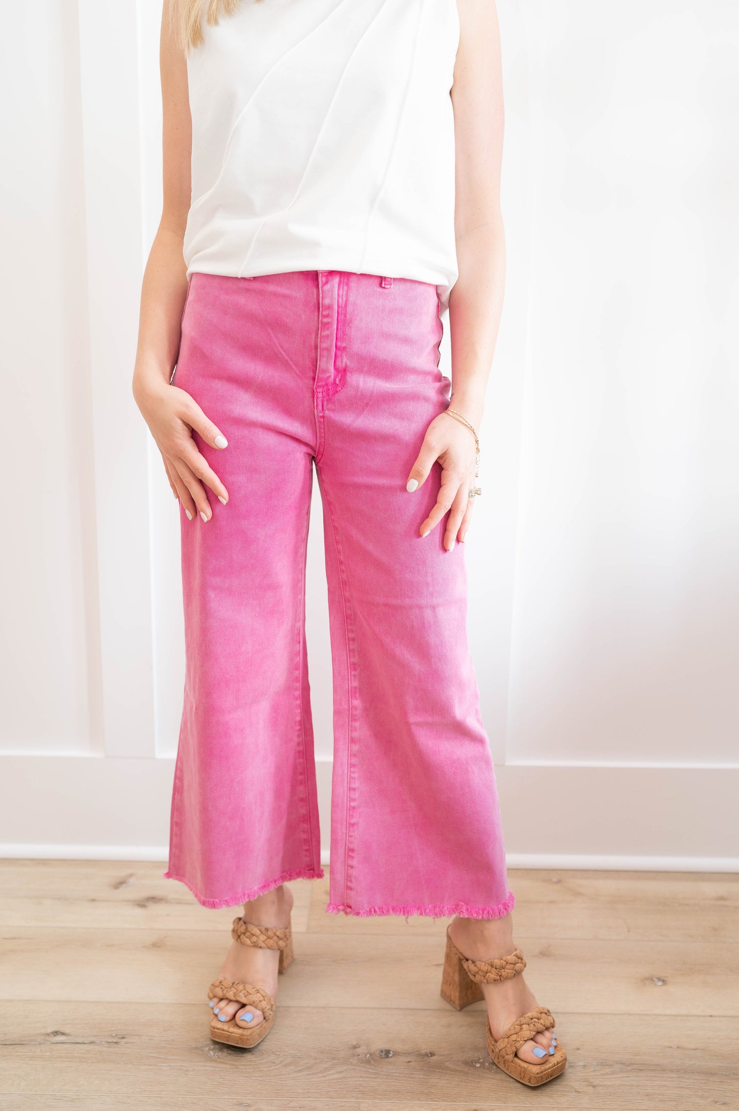 High Waisted Crop Wide Leg Hot Pink Pants