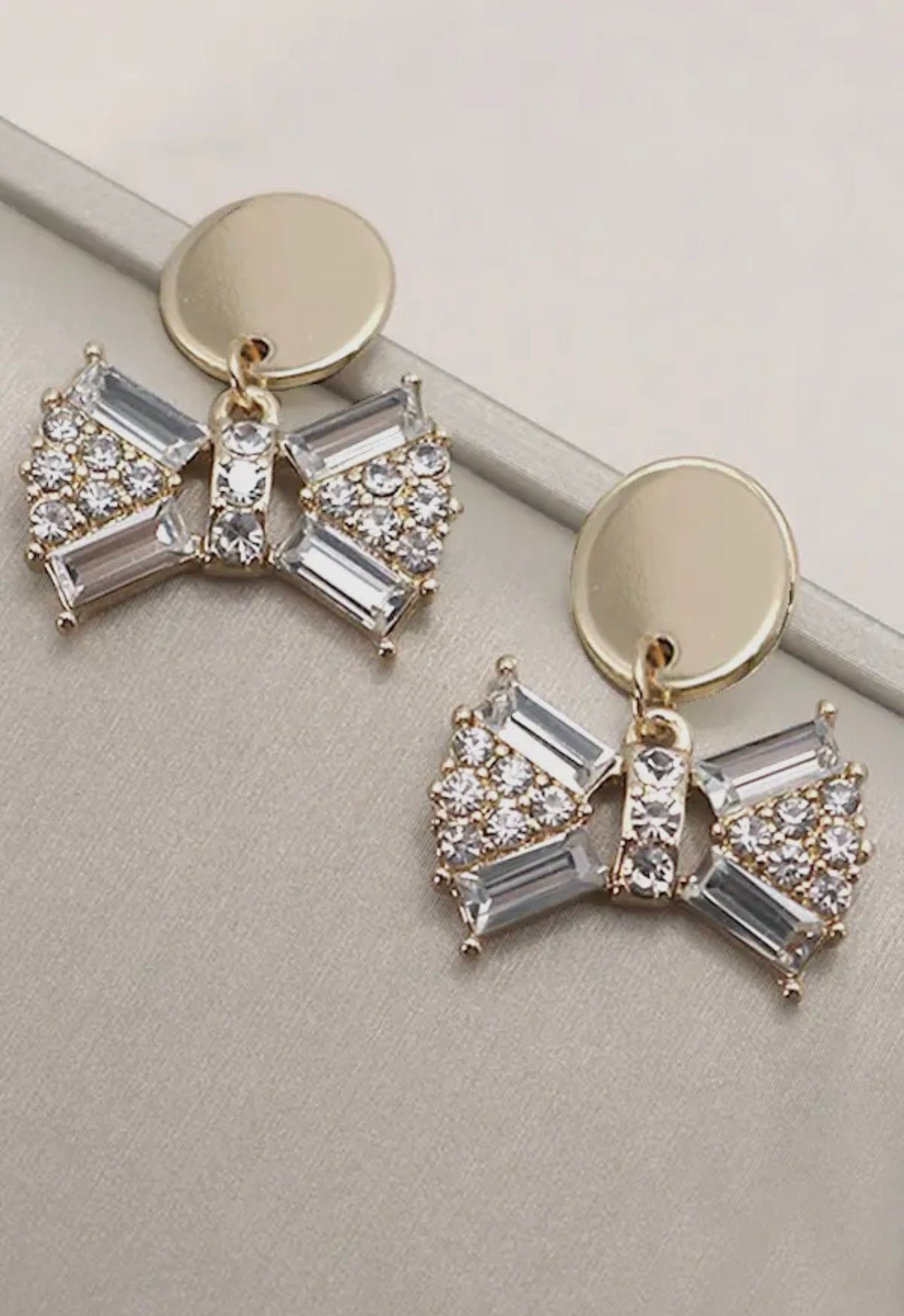 Gold Rhinestone Bow Drop Earrings