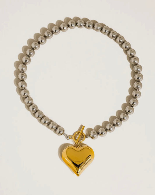 Large heart silver beaded non tarnish necklace