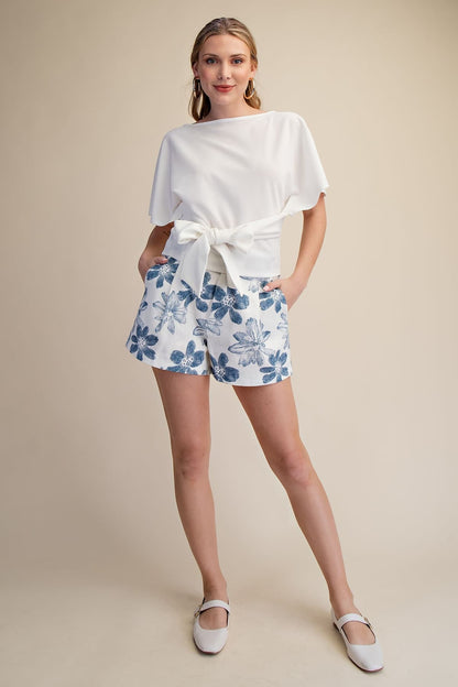 High waist elastic back floral shorts