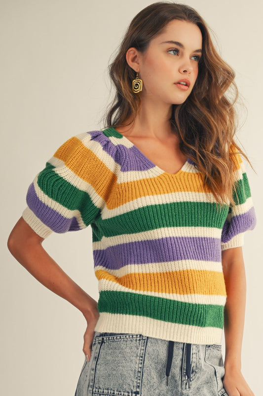 Mardi Gras Puff Sleeve Sweater