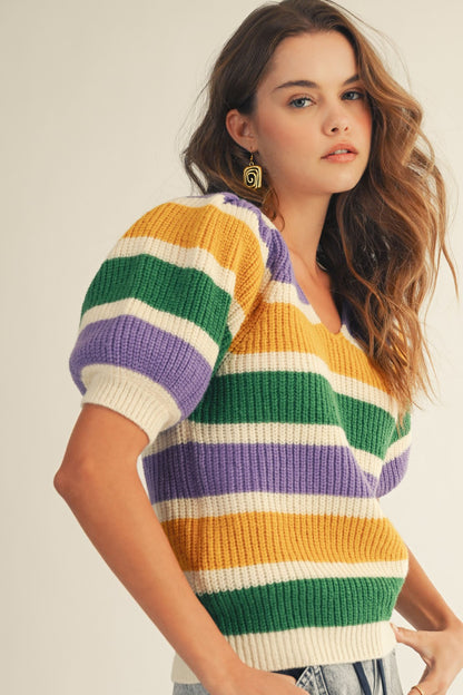 Mardi Gras Puff Sleeve Sweater