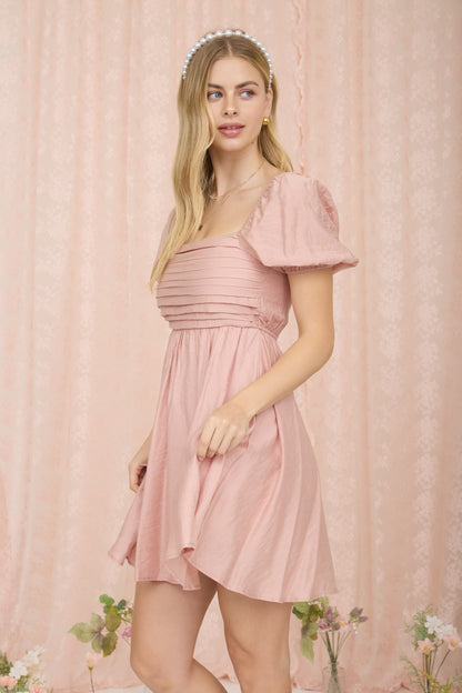 Pleated Puff Sleeve Dress Dusty Peach
