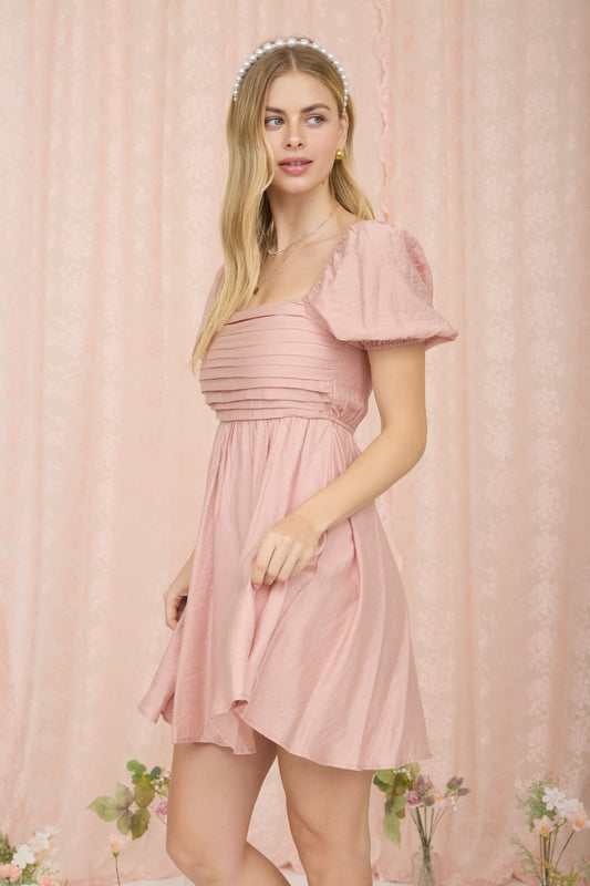 Pleated Puff Sleeve Dress Dusty Peach