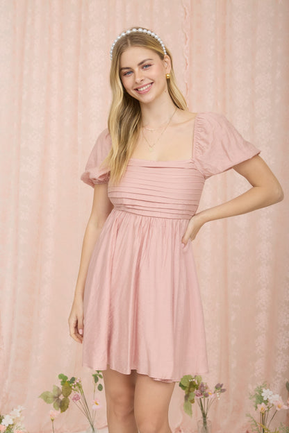 Pleated Puff Sleeve Dress Dusty Peach