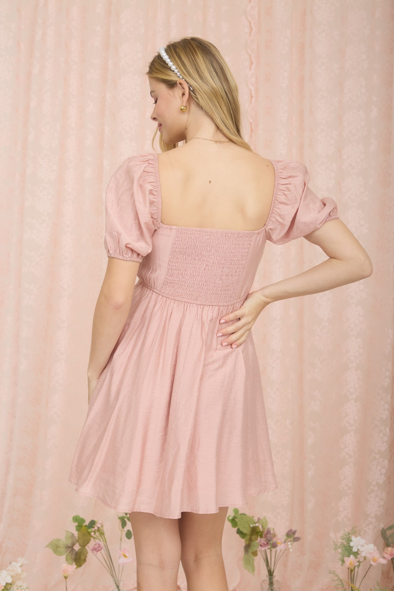 Pleated Puff Sleeve Dress Dusty Peach
