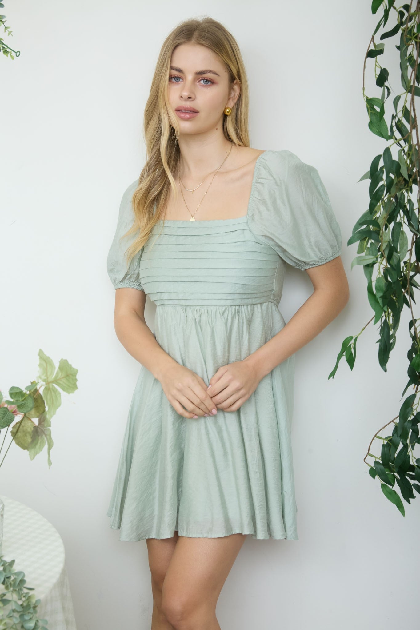 Pleated Puff Sleeve Dress Sage