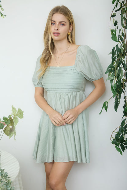 Pleated Puff Sleeve Dress Sage