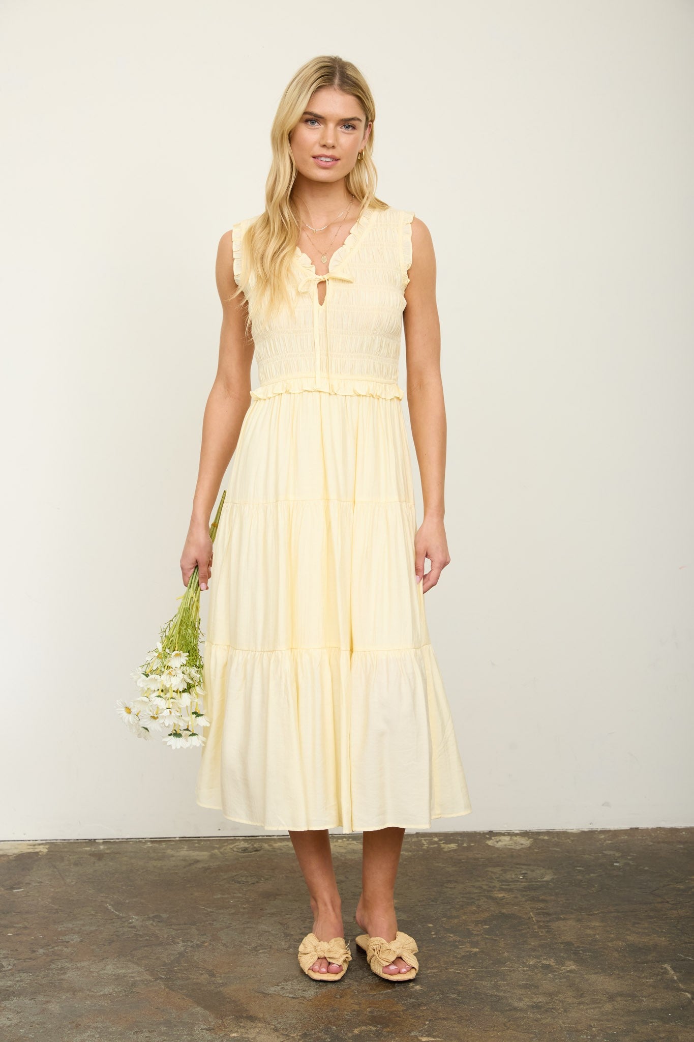 Smocked Front tie Midi dress