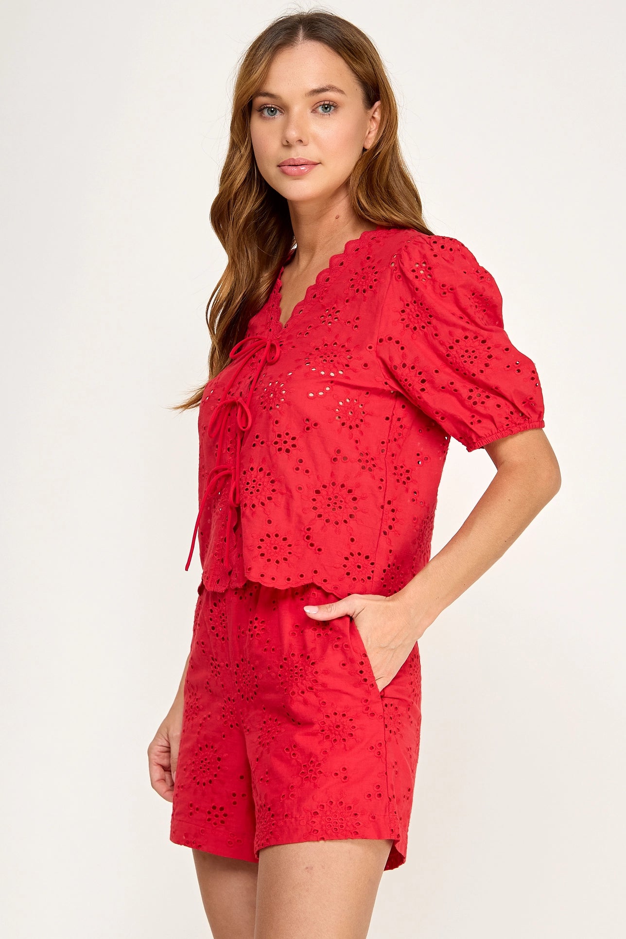 Red eyelet puff sleeve Top