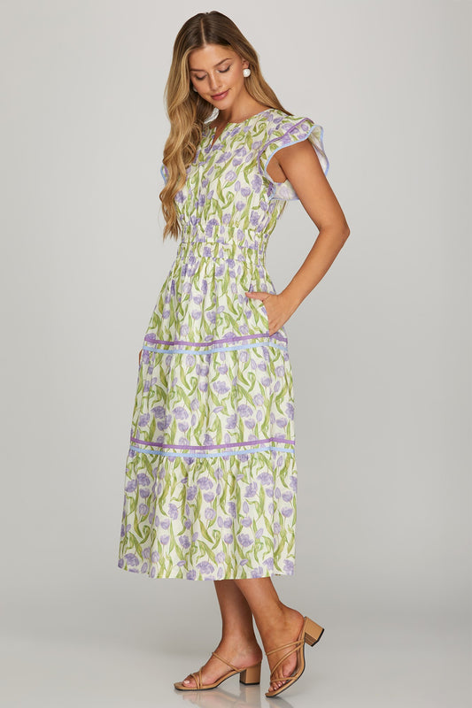 Ruffle Sleeve Floral Midi Dress