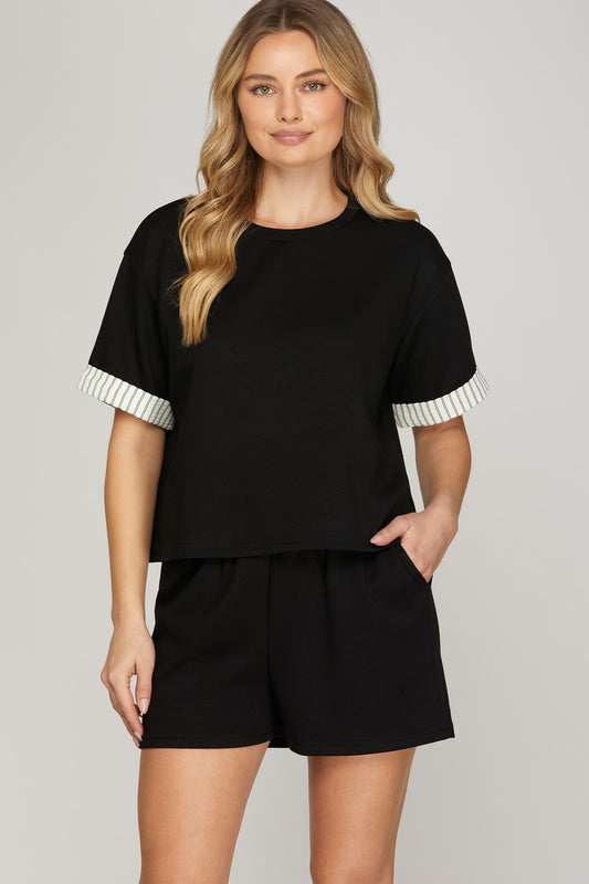 Black Contrast Knit Top