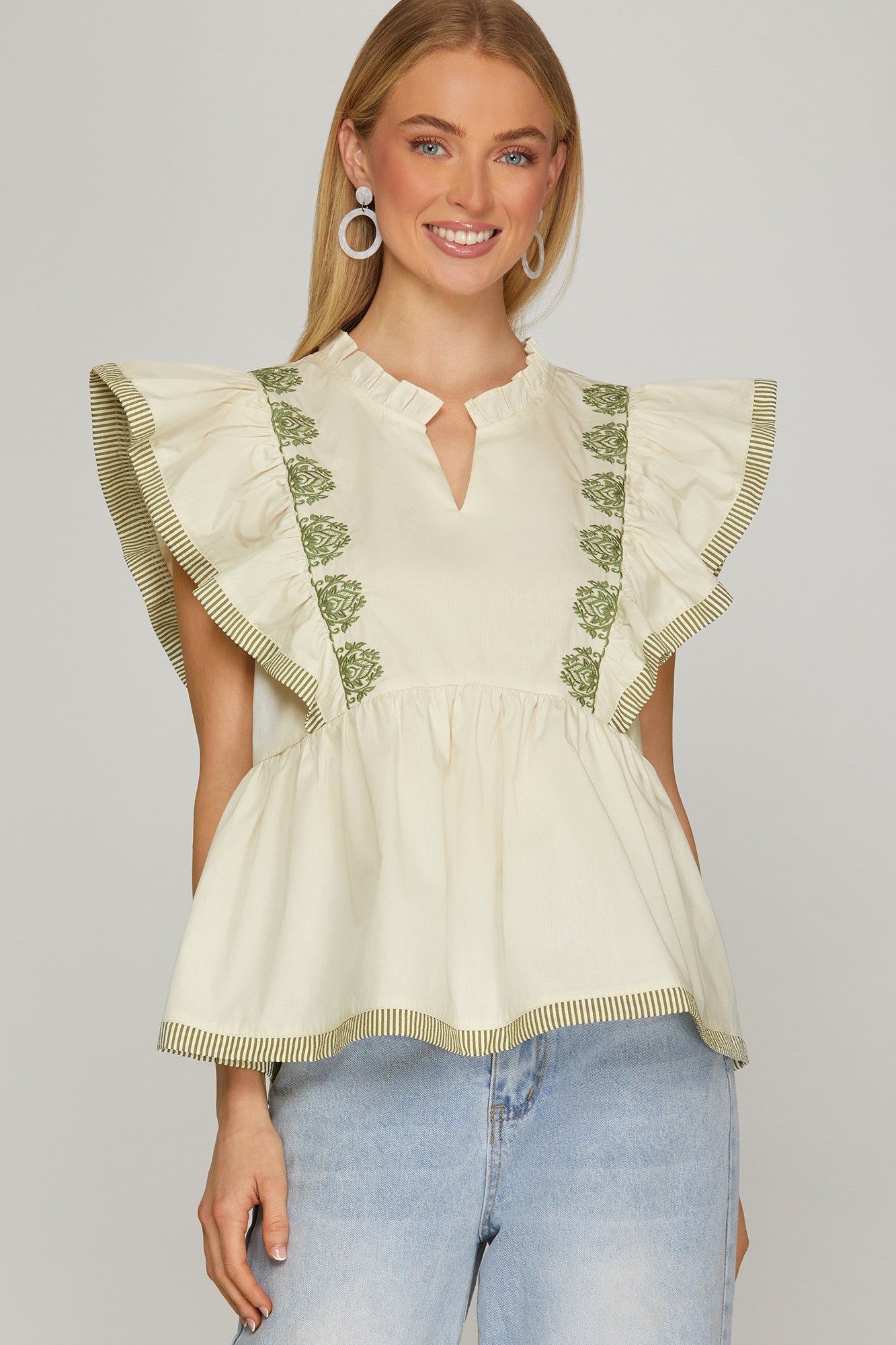 Ruffle Sleeve Emrboidered Top