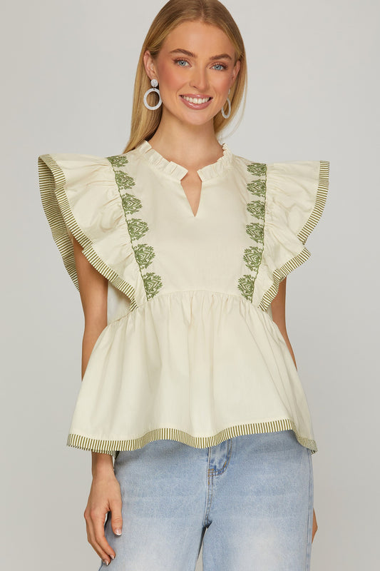 Ruffle Sleeve Emrboidered Top