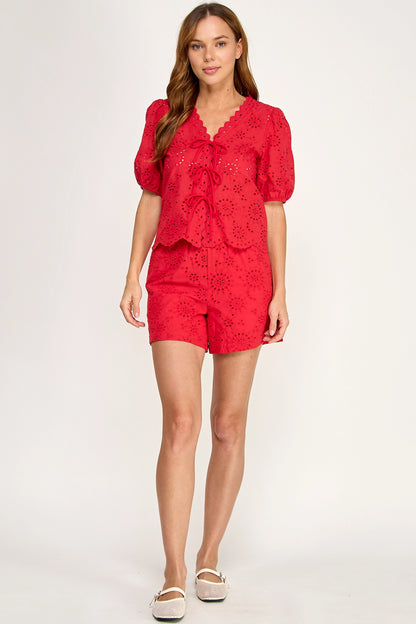 Red eyelet puff sleeve Top