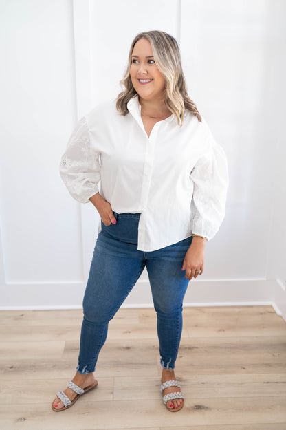 White Puff Sleeve Button Down