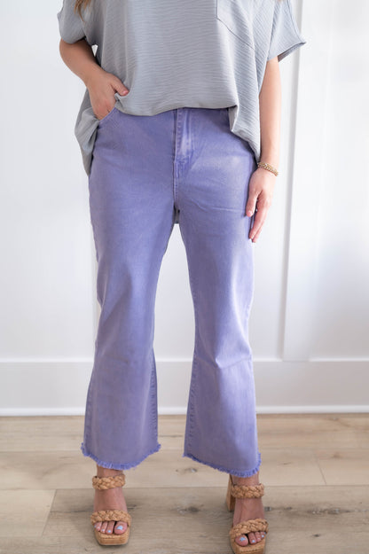 High Waist Frayed Hem Crop Lavender Pants