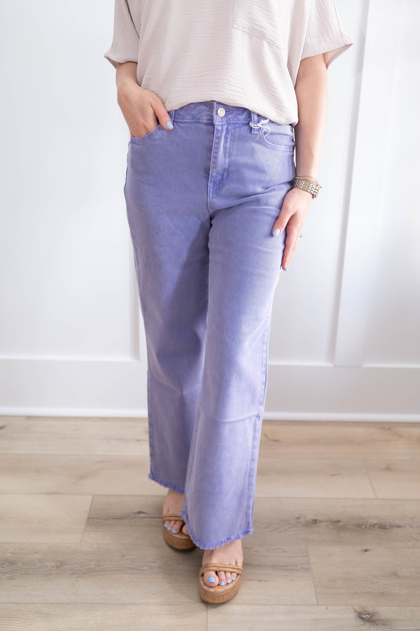 High Waist Frayed Hem Crop Lavender Pants