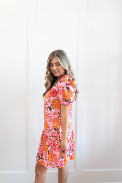 Floral Bubble Sleeve Ruffle Dress