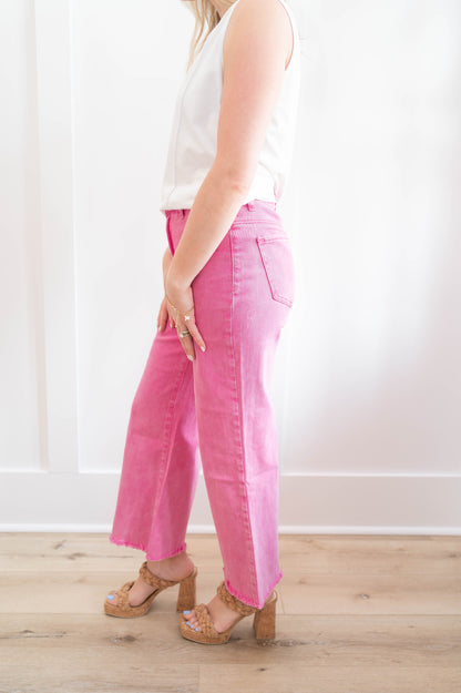 High Waisted Crop Wide Leg Hot Pink Pants