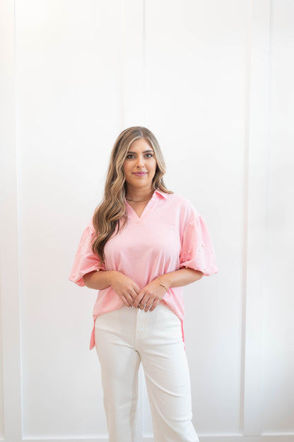 Pearl Puff Sleeve Collared Blouse