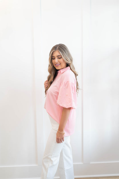 Pearl Puff Sleeve Collared Blouse