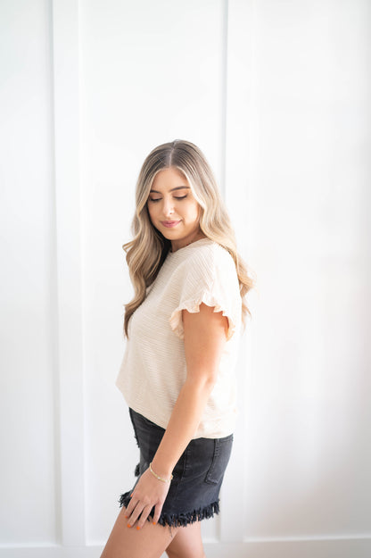 Textured Tee with Ruffle Sleeve