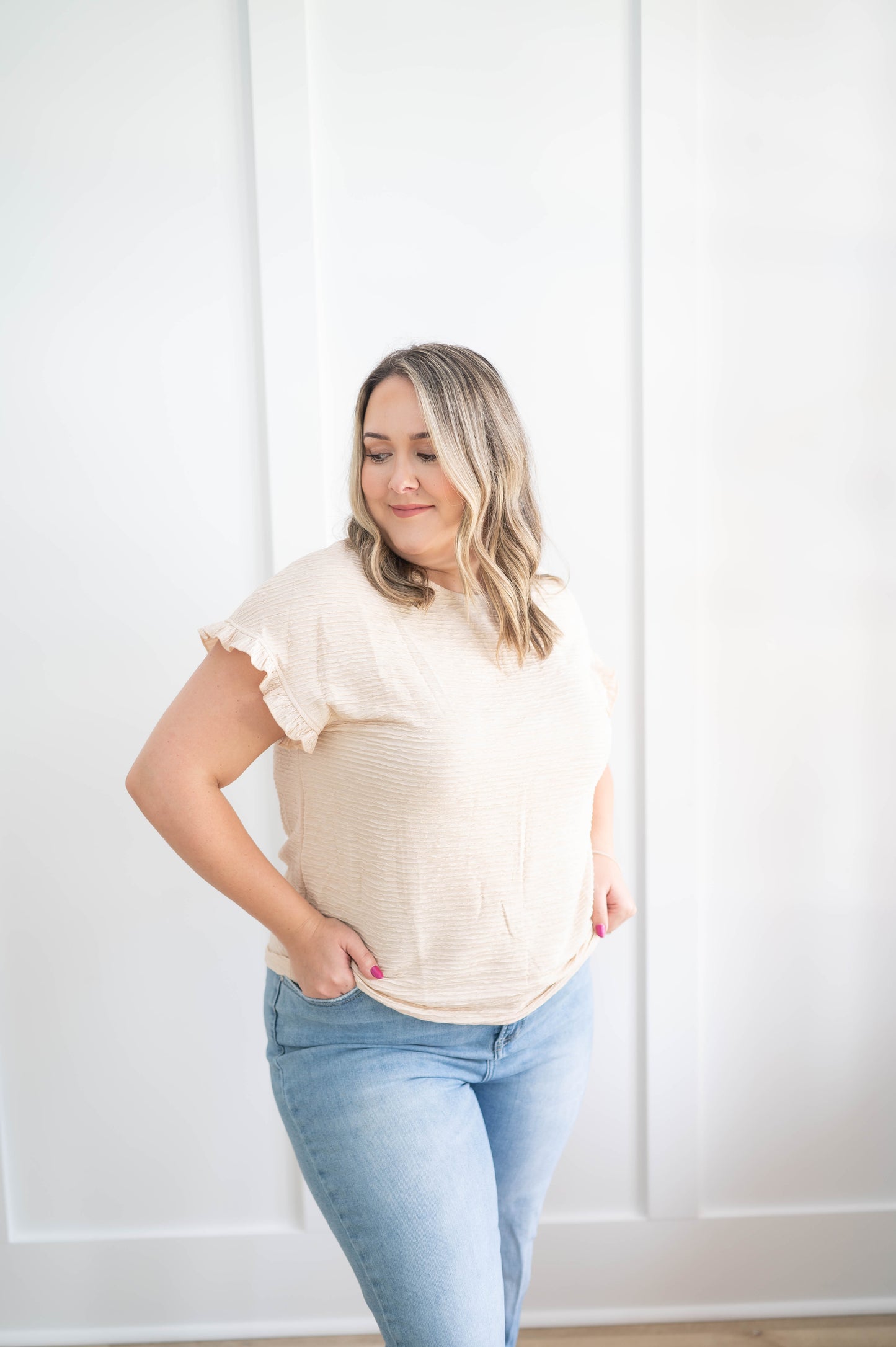 Textured Tee with Ruffle Sleeve