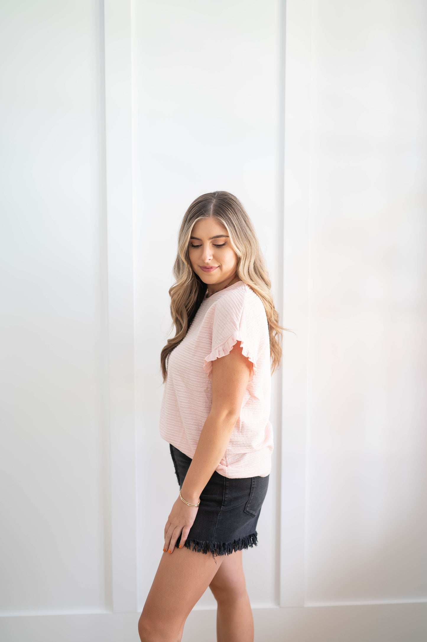 Textured Tee with Ruffle Sleeve