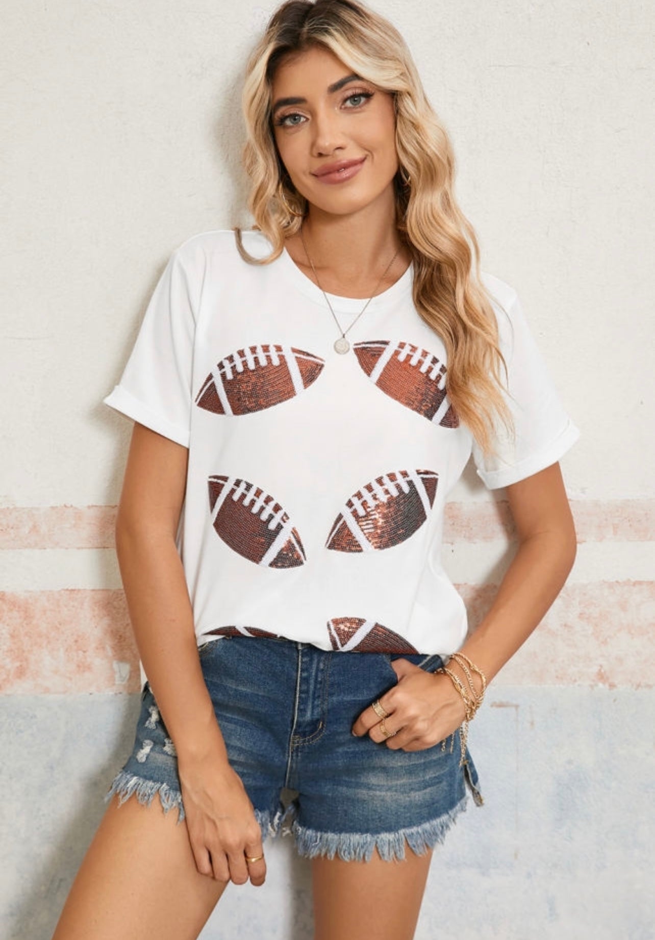 Sequin Football White Tee