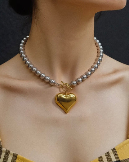 Large heart silver beaded non tarnish necklace