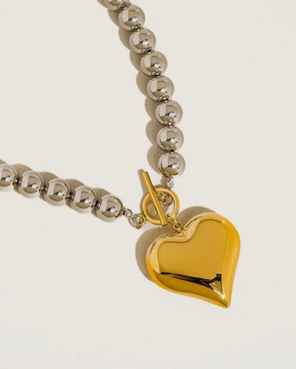 Large heart silver beaded non tarnish necklace