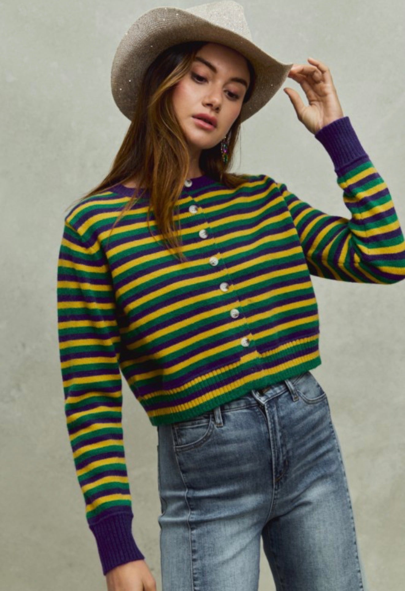Button down Mardi Gras sweater