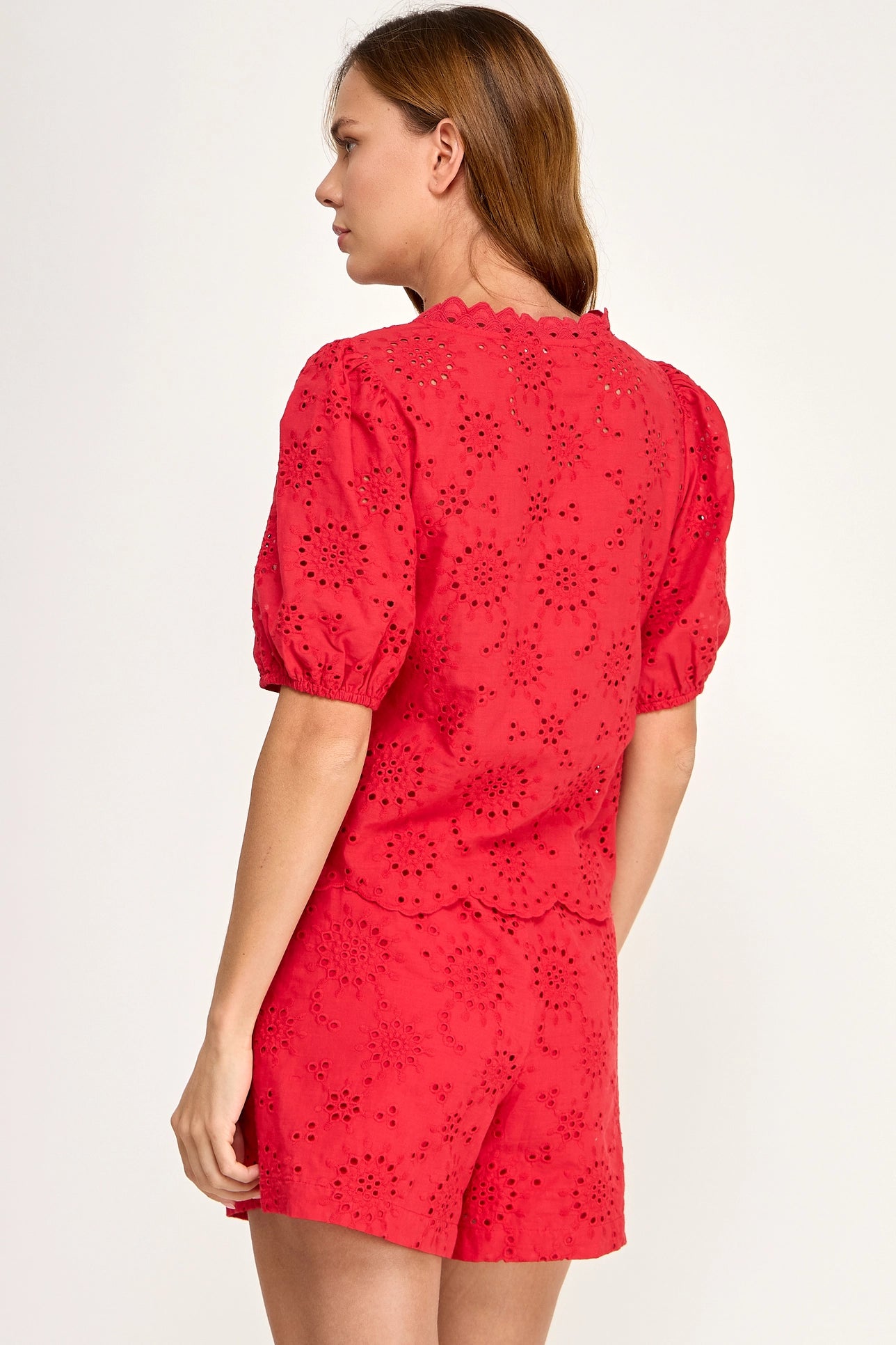 Red eyelet puff sleeve Top