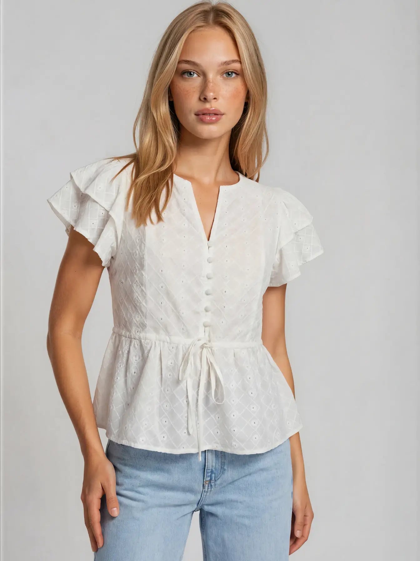 Eyelet ruffle sleeve blouse