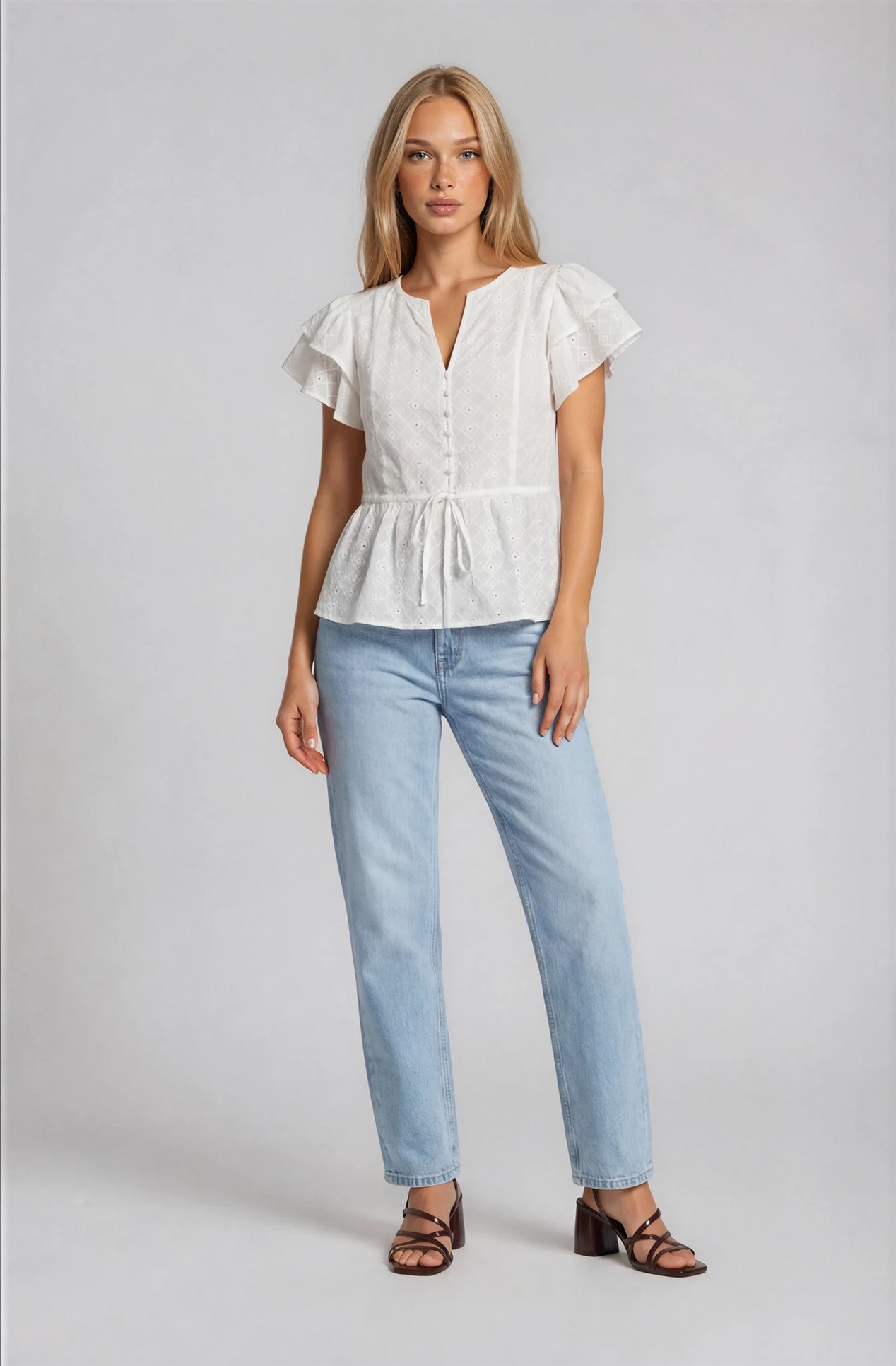 Eyelet ruffle sleeve blouse