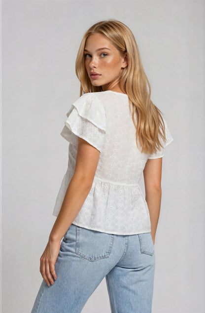 Eyelet ruffle sleeve blouse