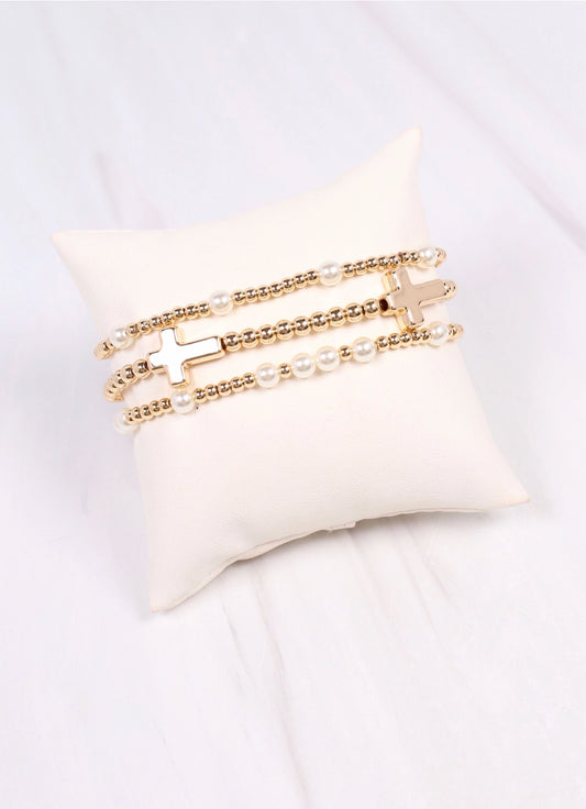 Pearl and Cross Bracelet Set